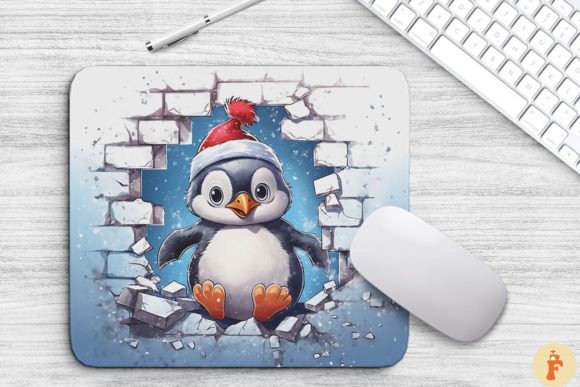 3D Xmas Penguin Peeps Out Broken Wall: A Festive Design for Creative Makers and Holiday Enthusiasts